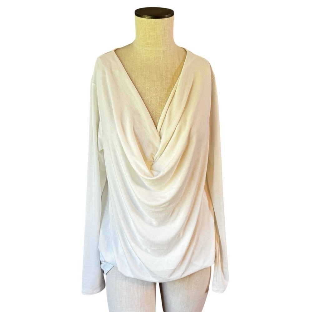 Umgee Women’s White Cascade Waterfall High Low V-neck Knit Top Sz S